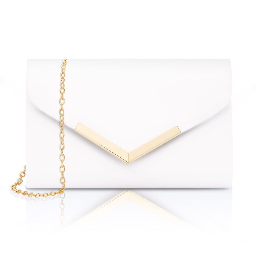 7909 Clutch Purse , White Leather Evening Bag with Chain Strap, Trendy